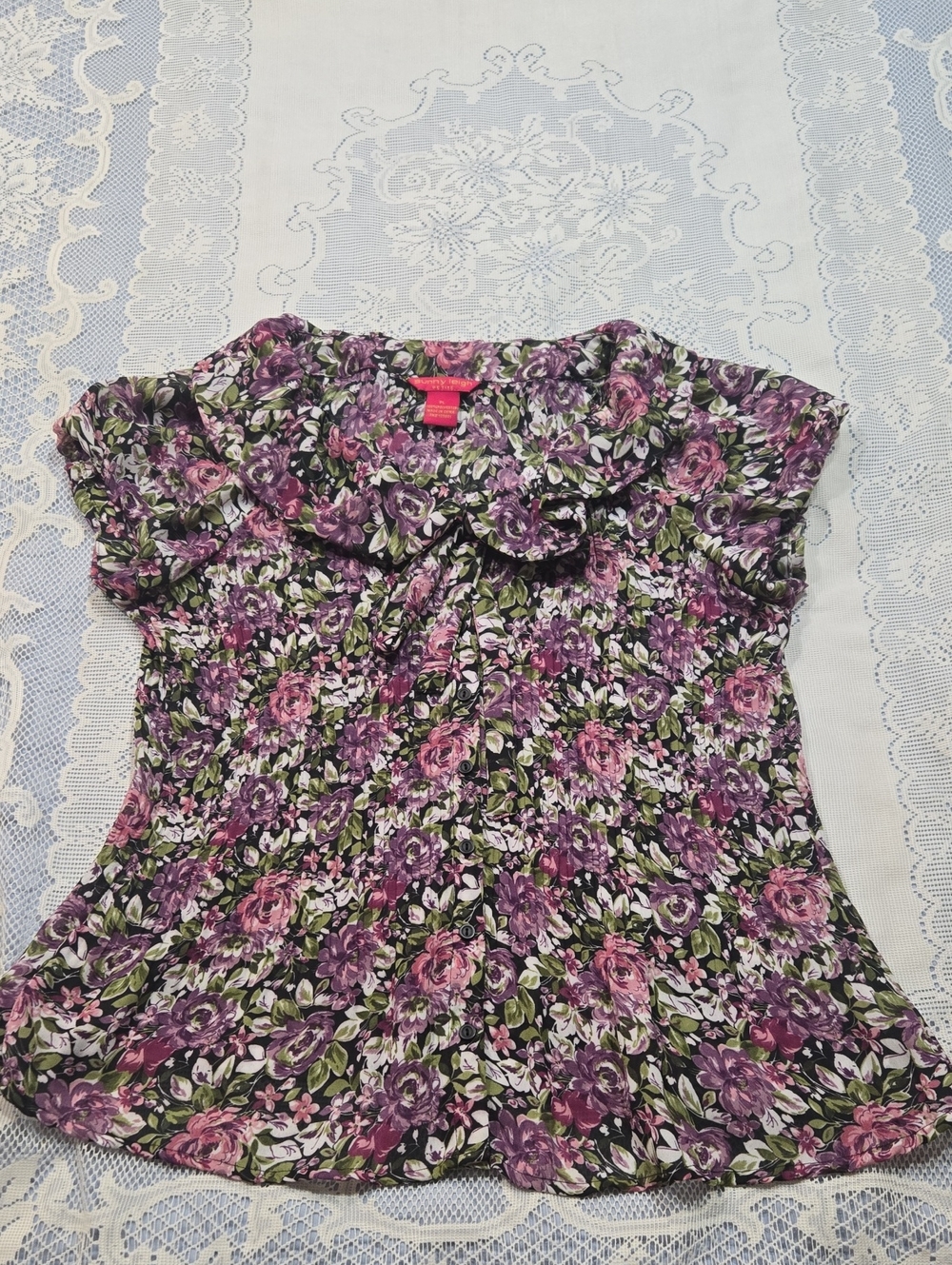 Sunny Leigh Purple and Pink Floral Ruffled Blouse Sz PL